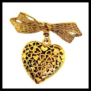 Vintage Pin Brooch 1928 Goldtone Dangle Heart Bow